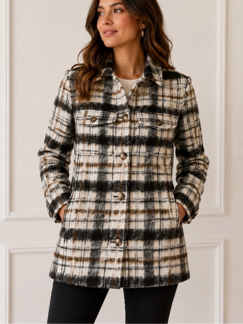 NEW Black/White/tan Plaid Button-Up Shacket jacket chore coat Universal Thread S